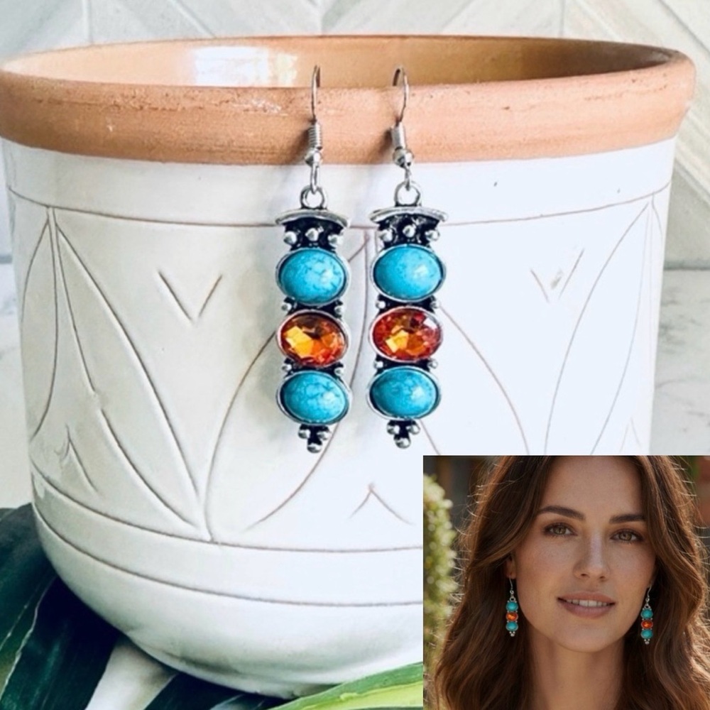2/$30🌵 Silver Faux Turquoise Amber Stone Earrings Bohemian NEW Southwestern